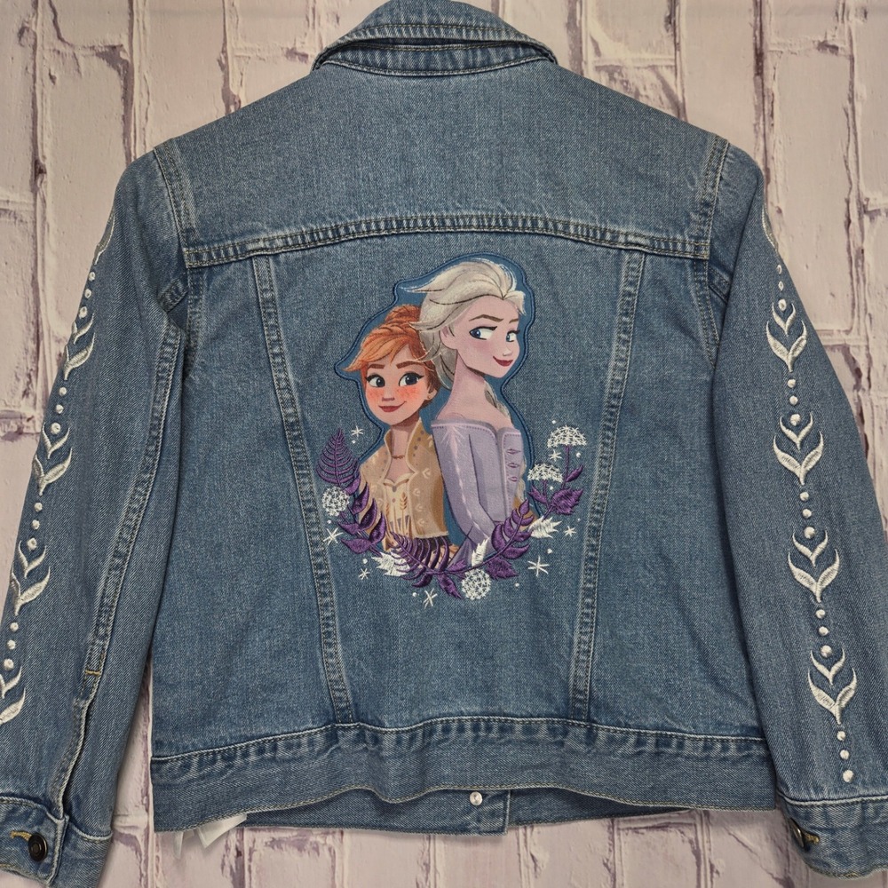 Disney Frozen Anna Elsa Denim Jacket Girls 7/8 Blue Embroidered Bruni Rhinestone